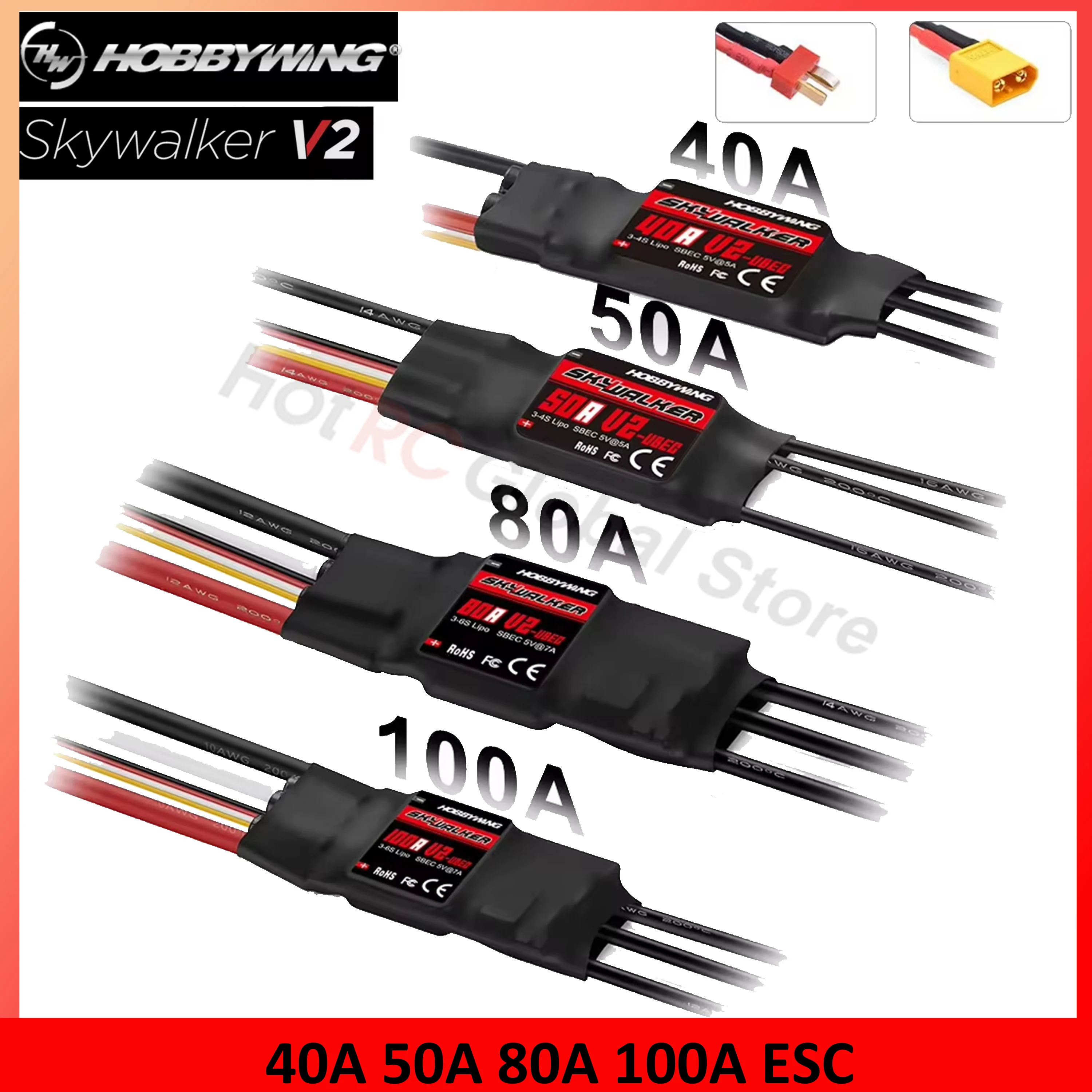 Drone Racing Motor - Hobbywing-Skywalker escスピードコントローラー,rc fpvドローン,クワッドコプター飛行機,v2シリーズ,40a,50a,80a,100a,t xt60プラグ